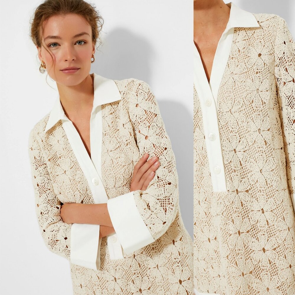 Tuckernuck NEW Tan Crochet Collier Collared Coastal Mini Dress Size S - Picture 3 of 10